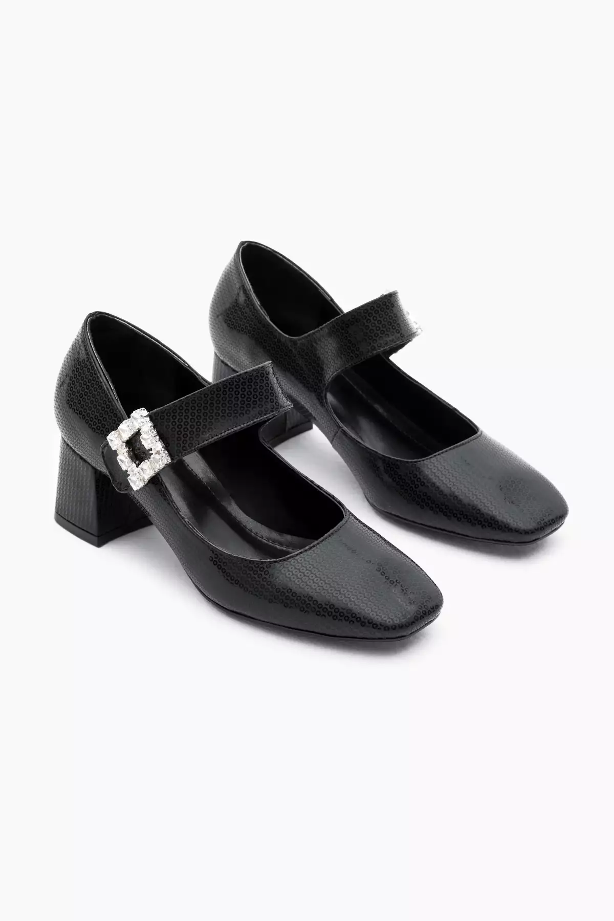 کفش پاشنهدار زنانه با بند چسبی و کفه نئولیت طرح دار رنگ مشکی با پاشنه سنگی برند Tonny Black - 872924735