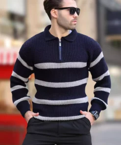 پلیور یقه اسکی خط دار آبی تیره با زیپ آستین بلند 7283 برند Madmext - 861338775