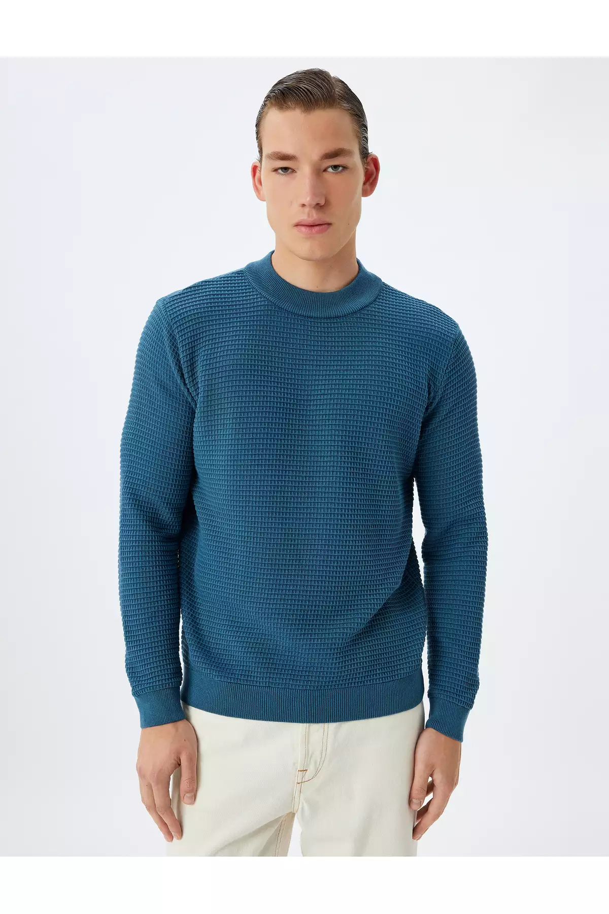 تیشرت بافت دار یقه گرد ساده از ترکیب پنبه برند Koton - 888072902