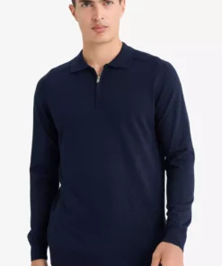 پلیور یقهپولویی با زیپ و برش استاندارد رنگ سرمهای مدل D0621AX24AU برند Defacto - 859466161