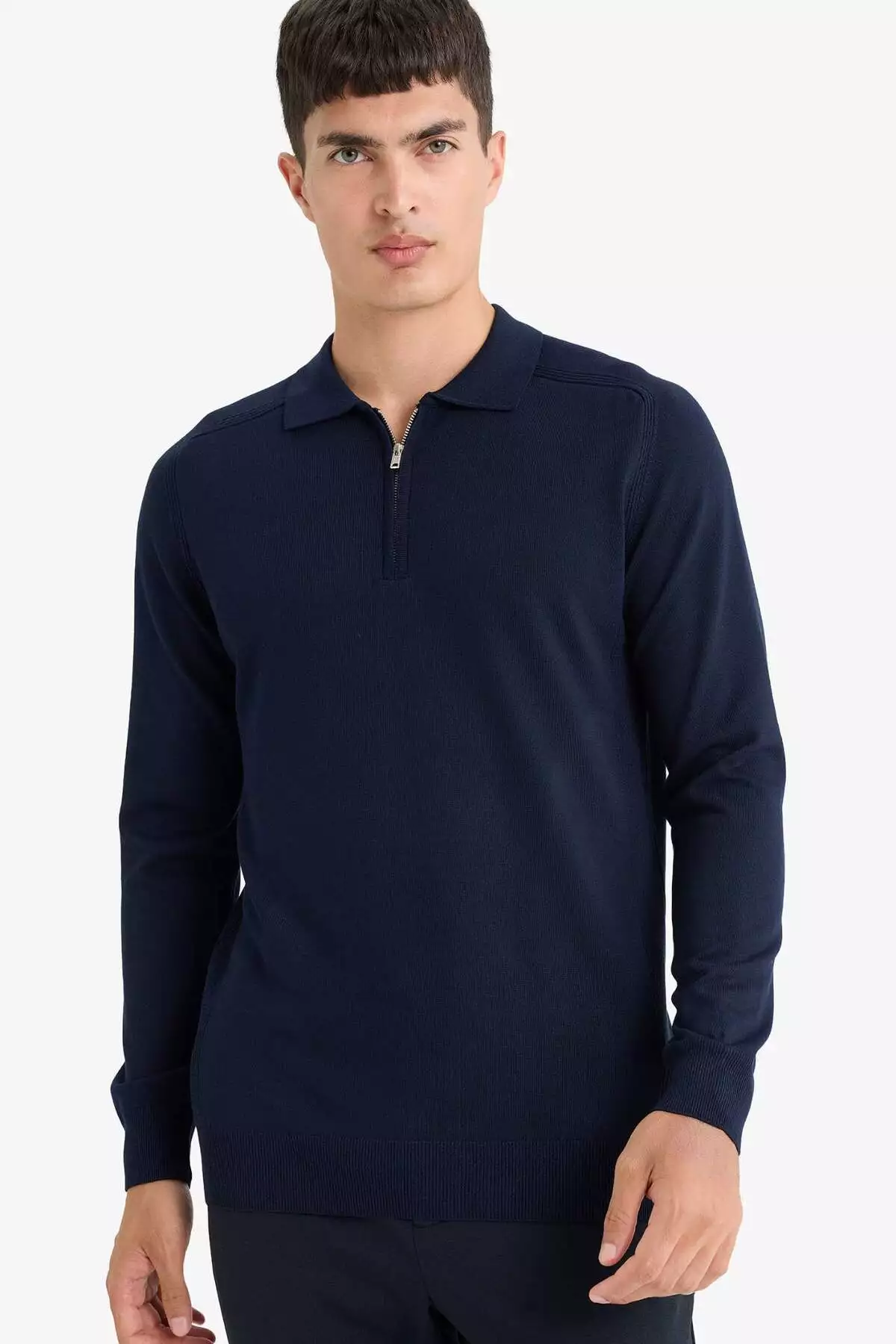 پلیور یقهپولویی با زیپ و برش استاندارد رنگ سرمهای مدل D0621AX24AU برند Defacto - 859466161