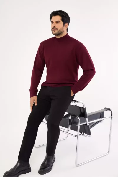 ژاکت بافتنی نیمه یقه‌دار مردانه استاندارد فیت با پارچه بدون پرز رنگ زرشکی برند Altınyıldız Classics - 349584549