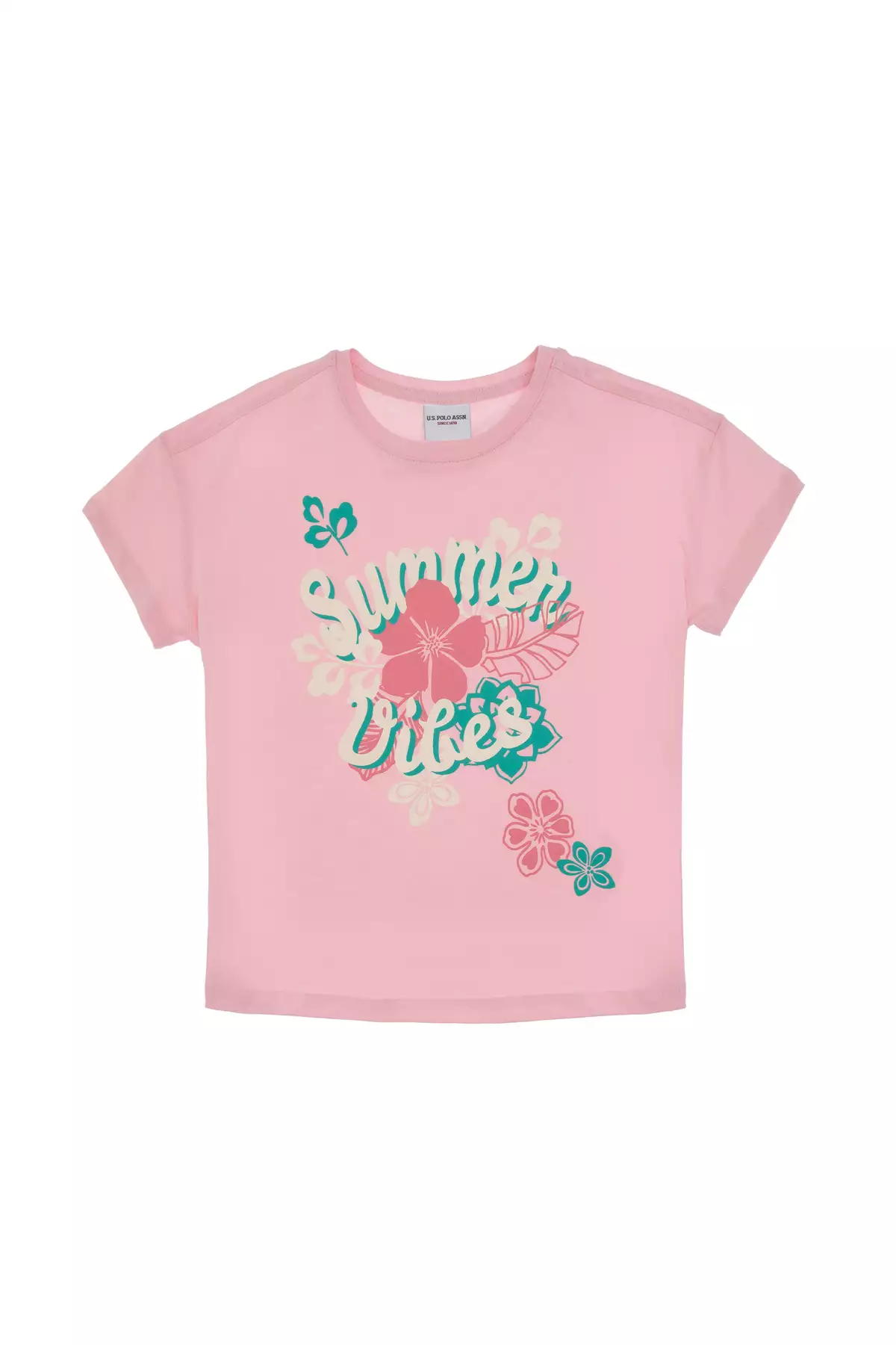 تیشرت نخی طرحدار یقه گرد راحتی برای دختران با رنگ صورتی روشن 50306203-VR078 برند U.S. Polo Assn. - 941914958