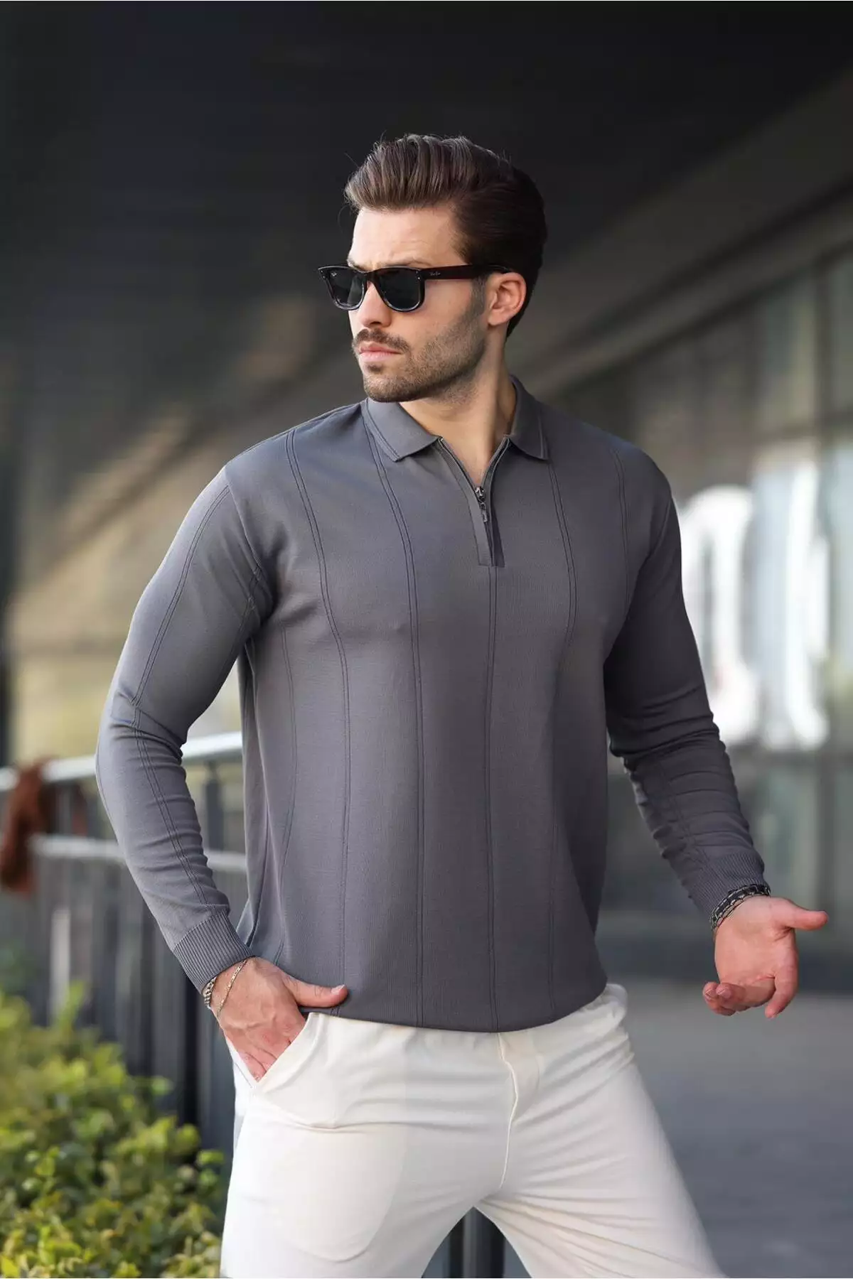 کلاهخود پولو یقه زیپی مردانه آنتراسیت E7427 برند Madmext - 986537072