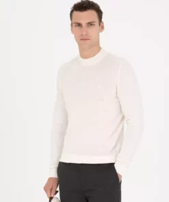 سویشرت یقهدار سهچهارم بافت ترکیبی پشمی فیت منظم رنگ اکرú 50270049-VR019 برند Pierre Cardin - 861355914