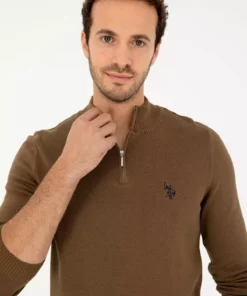 ژاکت پایه نیم زیپ باریک فیت مردانه به رنگ خاکی 50293517-VR027 برند U.S. Polo Assn. - 846925578