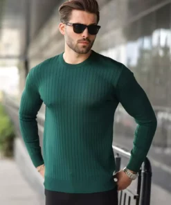پلیور راهراه یقه گرد با رنگ سبز نفتی و آستینهای بلند مدل E7273 برند Madmext - 1027458876