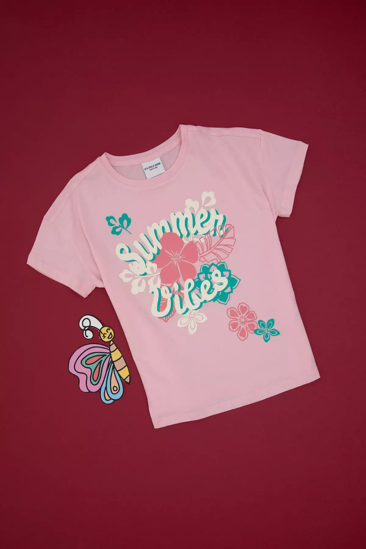 تیشرت نخی طرحدار یقه گرد راحتی برای دختران با رنگ صورتی روشن 50306203-VR078 برند U.S. Polo Assn. - 941914958