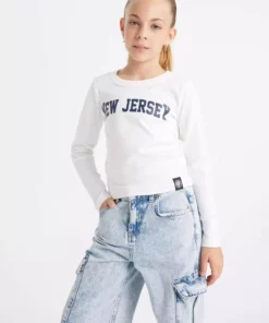 تیشرت بلند آستین با یقه دوچرخهای و طرح چاپی برای دختر بچهها برند Defacto - 848421116