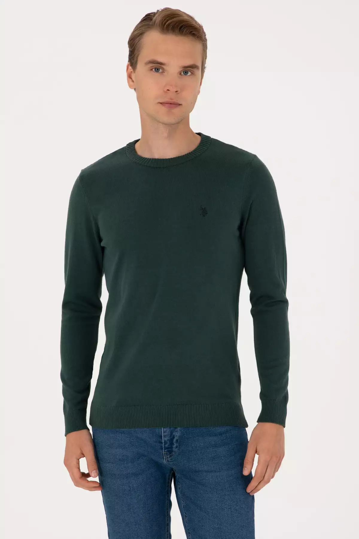 ژاکت کشباف مردانه با یقه گرد فرم باریک رنگ سبز تیره 50313713-VR079 برند U.S. Polo Assn. - 971595344