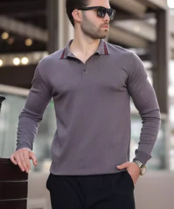 پولوشرت یقه دار دکمهای آستین بلند خاکستری 7269 برند Madmext - 864668502