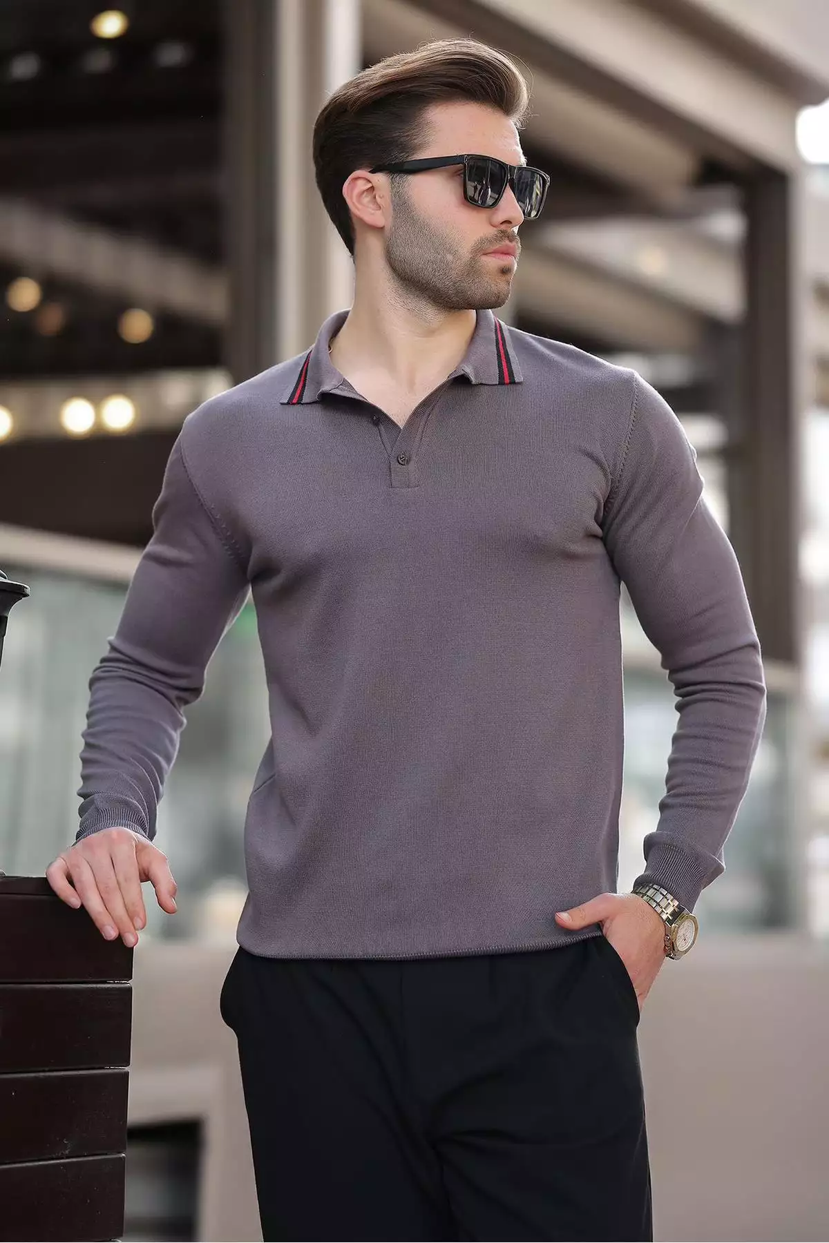 پولوشرت یقه دار دکمهای آستین بلند خاکستری 7269 برند Madmext - 864668502