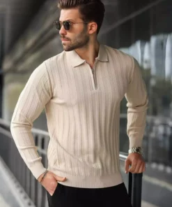 پلیور با یقه Polo و زیپ نیمه، به رنگ سنگی E7426 برند Madmext - 1015884451