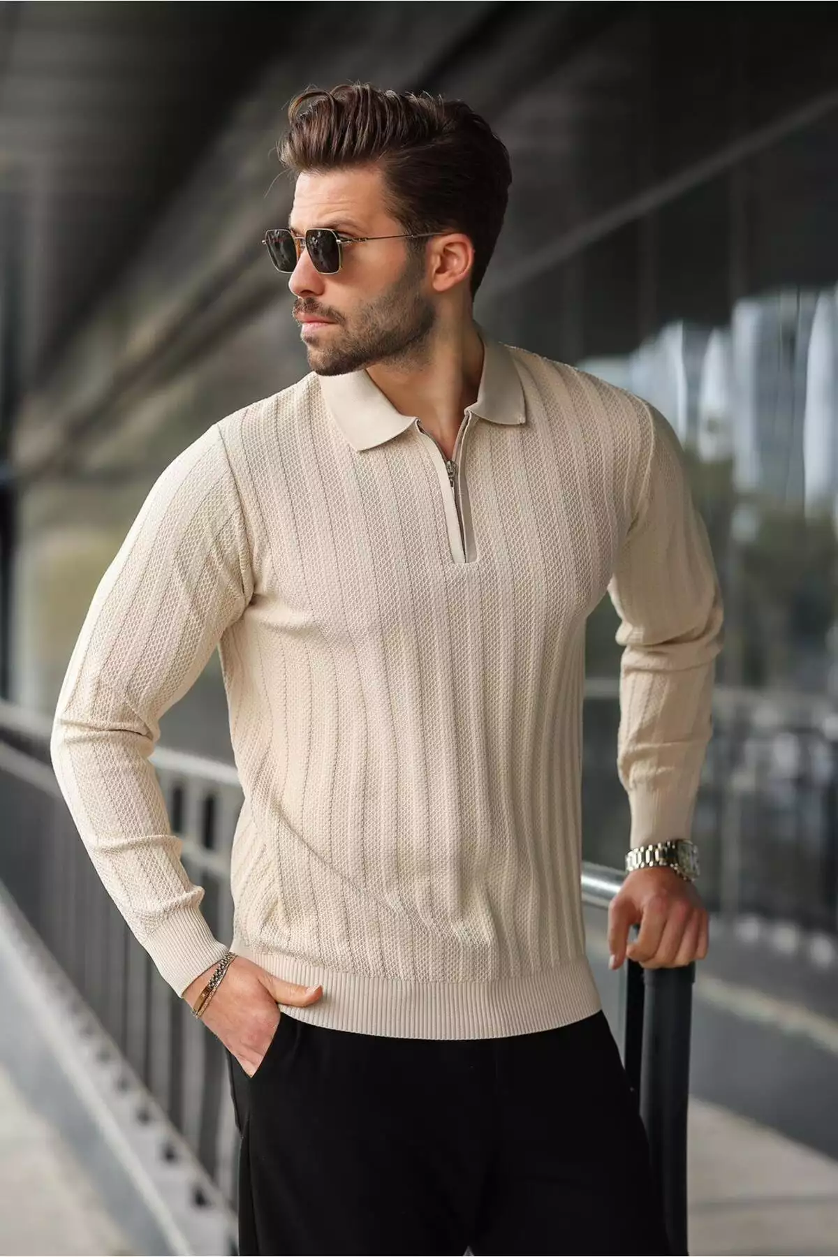 پلیور با یقه Polo و زیپ نیمه، به رنگ سنگی E7426 برند Madmext - 1015884451