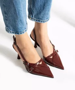 انتهای بند قفلی زنانه با طراحی دو نوار، پوتین پاشنه بلند بوردو رنگ از جنس لاک برند Genel Markalar - 832242637