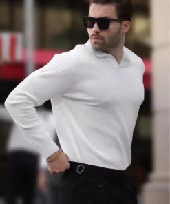 پلیور یقه دار خط دار سفید با آستین بلند ۷۲۳۹ برند Madmext - 861330598