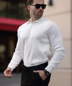 پلیور یقه دار خط دار سفید با آستین بلند ۷۲۳۹ برند Madmext - 861330598