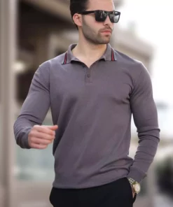 پولوشرت یقه دار دکمه‌ای آستین بلند خاکستری 7269 برند Madmext - 864668502