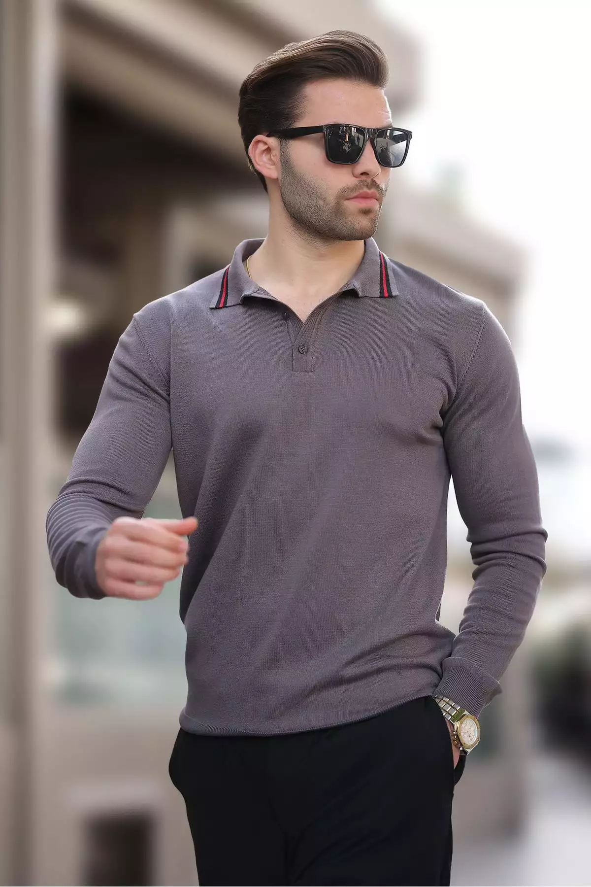 پولوشرت یقه دار دکمهای آستین بلند خاکستری 7269 برند Madmext - 864668502