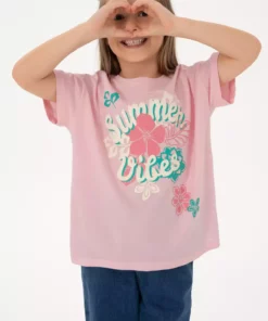 تیشرت نخی طرحدار یقه گرد راحتی برای دختران با رنگ صورتی روشن 50306203-VR078 برند U.S. Polo Assn. - 941914958