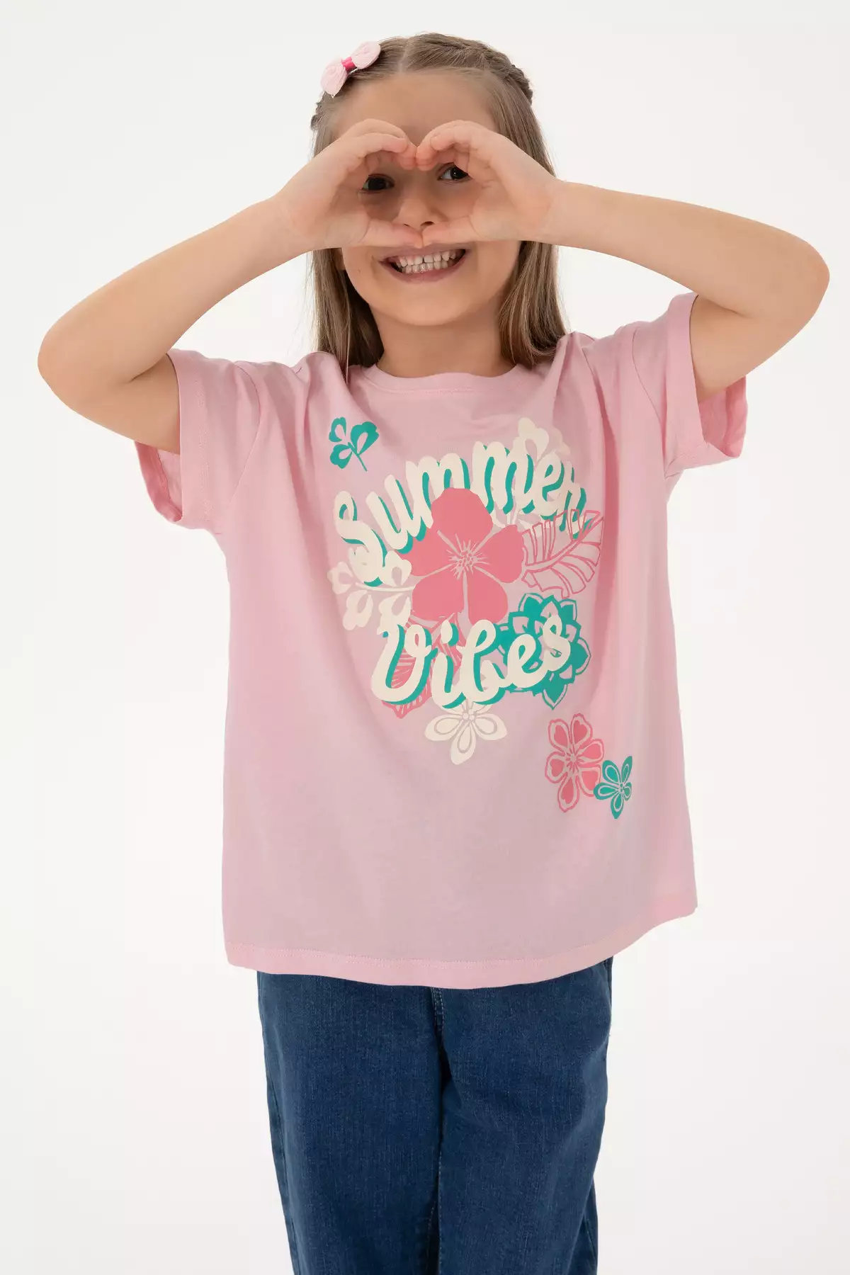 تیشرت نخی طرحدار یقه گرد راحتی برای دختران با رنگ صورتی روشن 50306203-VR078 برند U.S. Polo Assn. - 941914958