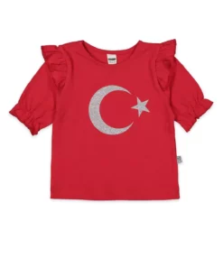 تی‌شرت دخترانه با آستین و شانه‌ی فرفری به مناسبت 23 آپریل، با طرح پرچم ترکیه - مناسب برای سنین 2 تا 9 سال - رنگ قرمز و خاکستری براق - کد 2088 برند Novy Baby - 667070837