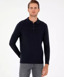 پلیور یقه polo دکمه دار با فیت باریک رنگ سرمهای 50300506-VR033 برند Pierre Cardin - 865576206