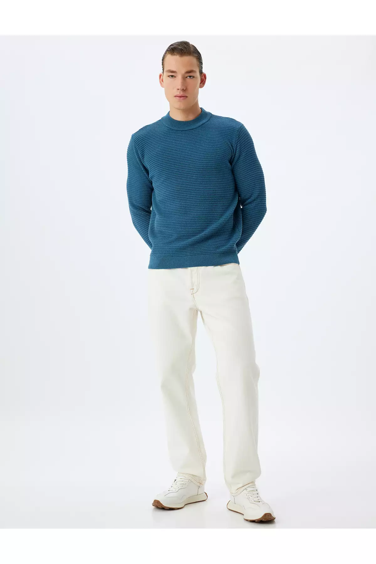 تیشرت بافت دار یقه گرد ساده از ترکیب پنبه برند Koton - 888072902