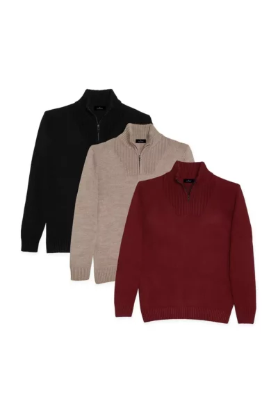 پک ۳ عددی مردانه مشکی-بordeaux-قهوه‌ای روشن، بلوز با برش باریک و یقه ایستاده زیپ‌دار از جنس تریکو برند Tudors - 1019834493