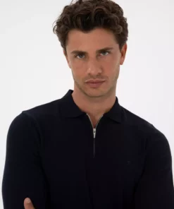 پولوشرت یقه‌دار زیپ‌دار پایه‌ ای نازک مناسب سایز باریک رنگ لاجوردی 50315406-VR033 برند Pierre Cardin - 979245378