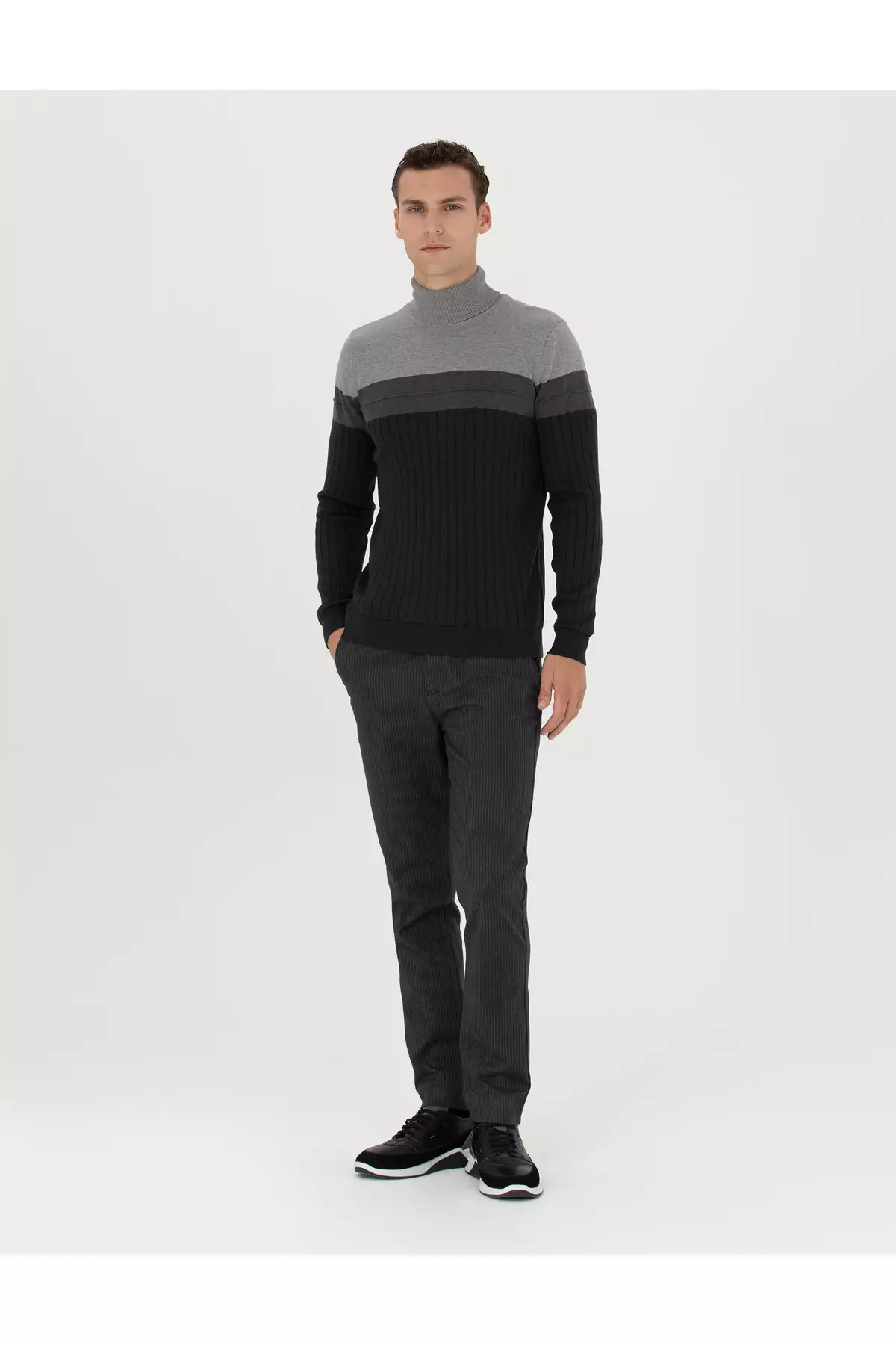 ژاکت بافتنی یقه اسکی نازک فیت ملانژ آنتراسیت 50279430-VR081 برند Pierre Cardin - 828930909