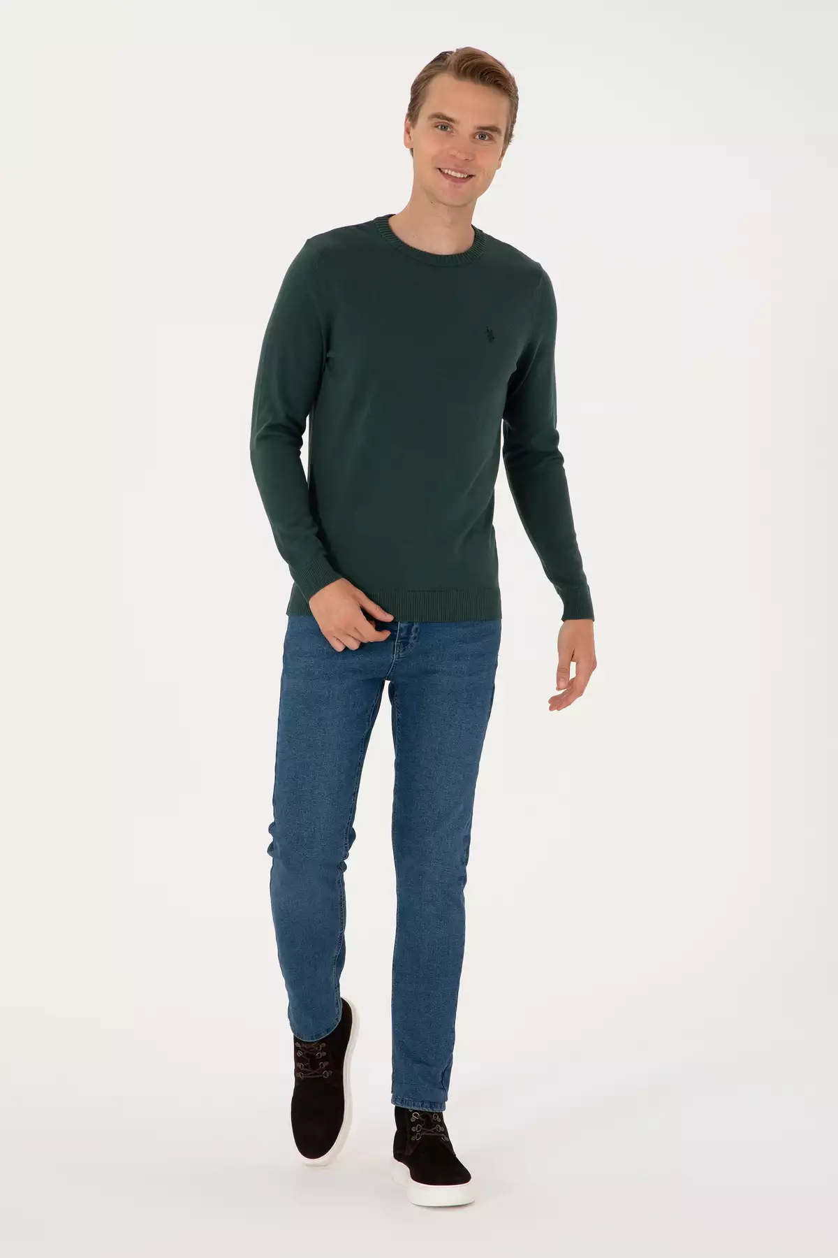 ژاکت کشباف مردانه با یقه گرد فرم باریک رنگ سبز تیره 50313713-VR079 برند U.S. Polo Assn. - 971595344