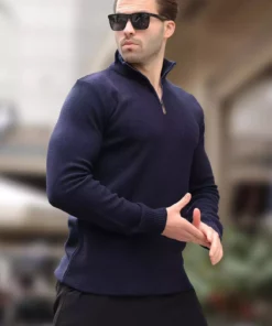 پلیور با یقه زیپ و آستین بلند با رنگ سرمه‌ای 7286 برند Madmext - 863428896