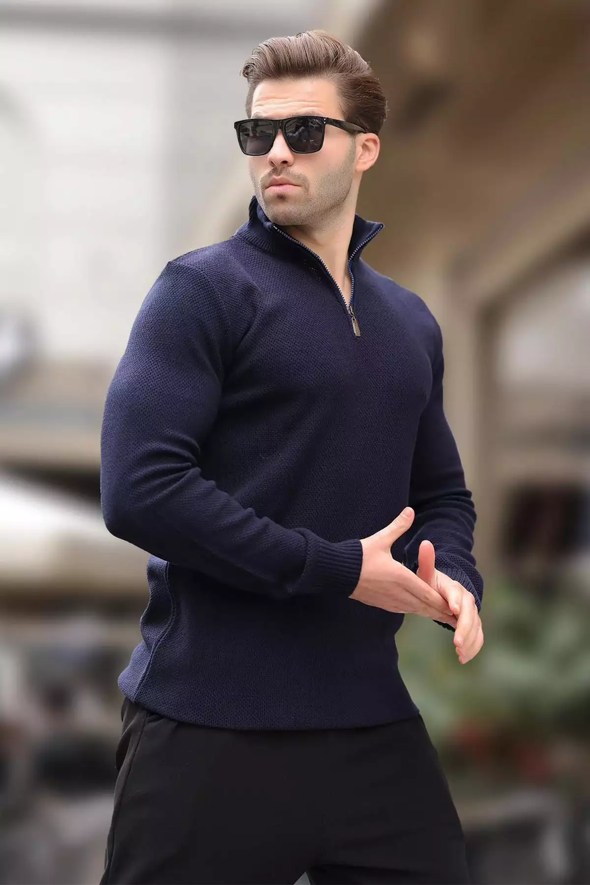 پلیور با یقه زیپ و آستین بلند با رنگ سرمهای 7286 برند Madmext - 863428896