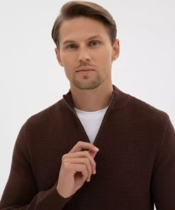 ژاکت قهوه‌ای با برش اسلیم فیت و یقه ایستاده، زیپ‌دار، کد 50317397-VR029 برند Pierre Cardin - 1039157912