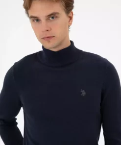 پلیور آستین بلند مردانه یقه‌دار آبی ملانژ با طراحی باریک 50313712-VR033 برند U.S. Polo Assn. - 970825079