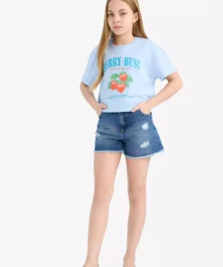 تی‌شرت کوتاه‌ آستین دخترانه با یقه دوچرخه و طرح چاپی E0384A825SM برند Defacto - 923057715