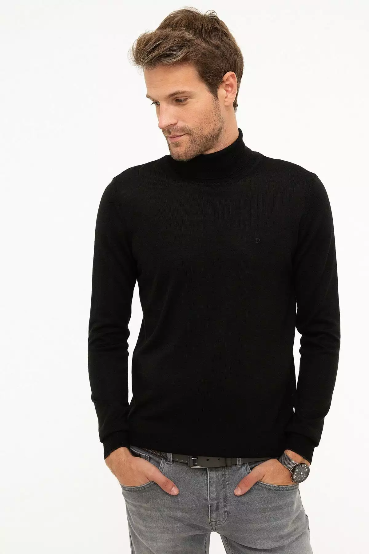 پلیور مردانه مشکی فیت نازک با یقه اسکی برند Pierre Cardin - 31630846