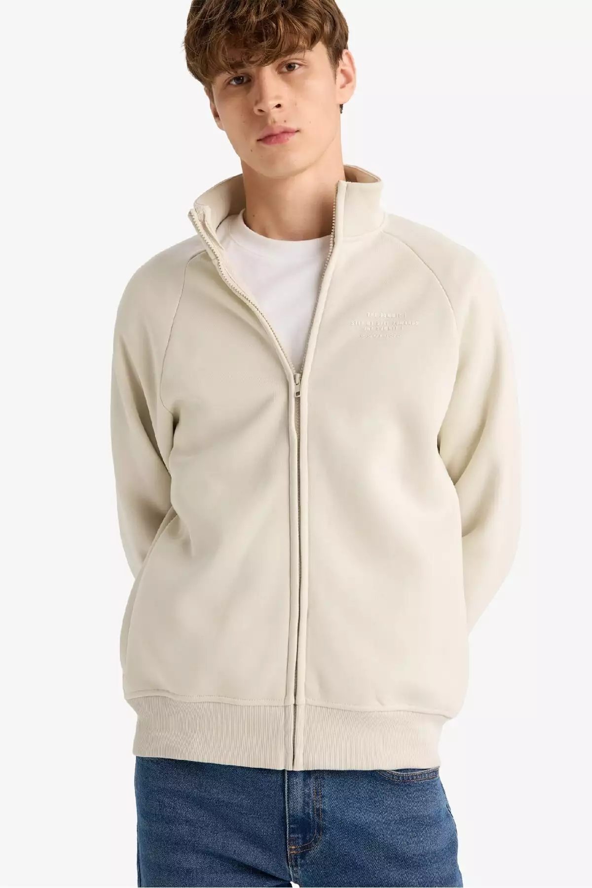 سویشرت زیپدار با یقه دیگی چاپی و فیت باکسی آستر نرم E1367AX25SP برند Defacto - 890368604