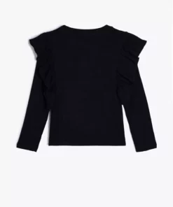 تی‌شرت ویسکوز با یقه گرد و جزئیات فرفری با آستین بلند برند Koton - 869195769