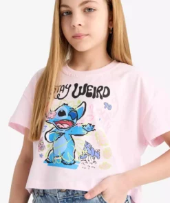 تیشرت کوتاه آستین دخترانه دیزنی لیلو و استیچ با یقه دوچرخهای برند Defacto - 926704628