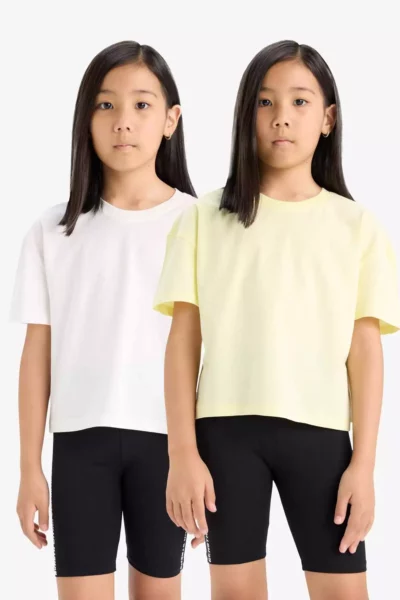 تی‌شرت دخترانه راحت با یقه گرد و آستین کوتاه - ست 2 تکه برند Defacto - 975900647