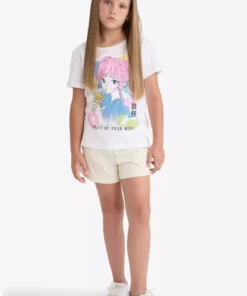 تی‌شرت کوتاه‌دست با یقه دوچرخه‌ای و طرح انیمه برای دختر بچه برند Defacto - 932320196