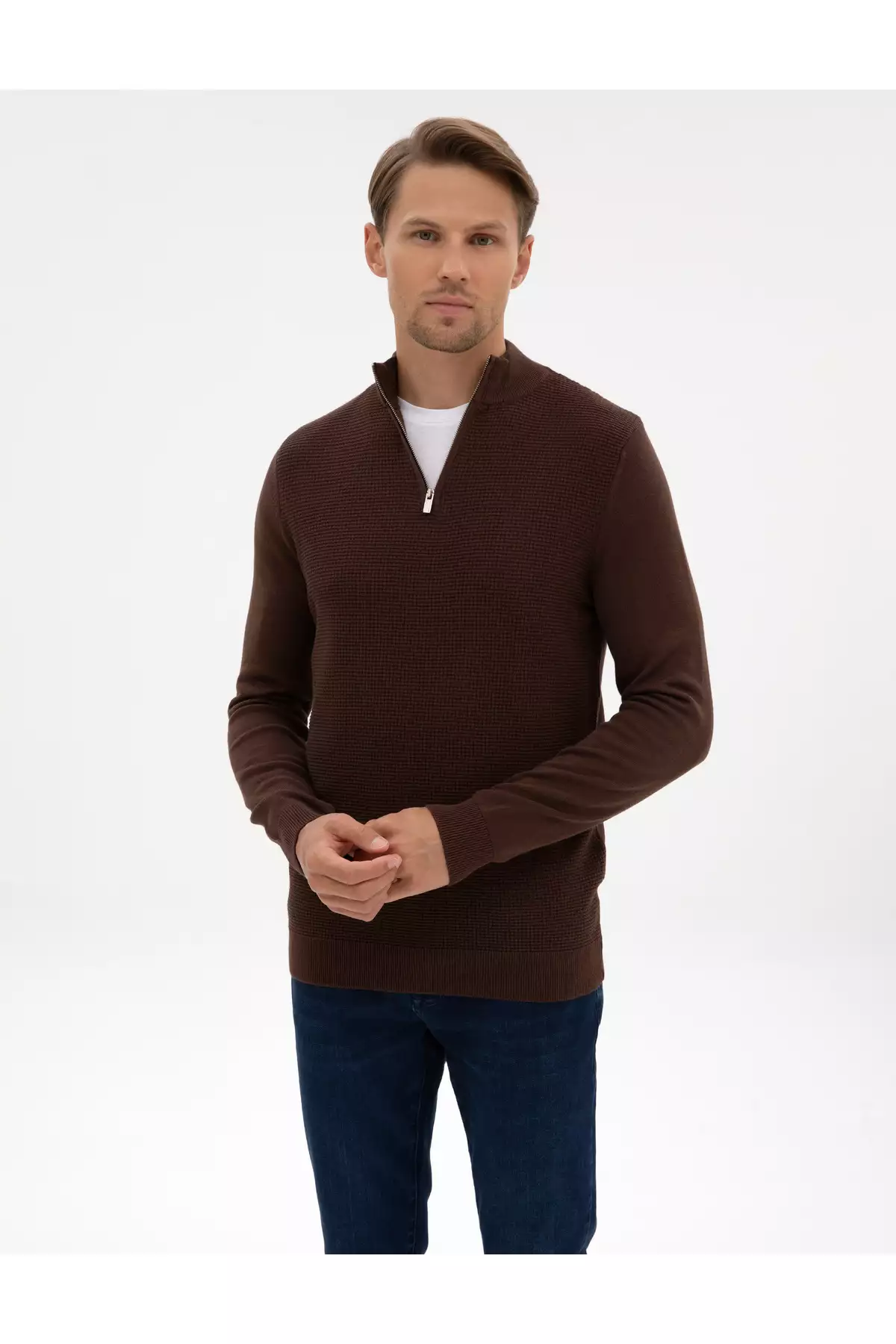 ژاکت قهوهای با برش اسلیم فیت و یقه ایستاده، زیپدار، کد 50317397-VR029 برند Pierre Cardin - 1039157912