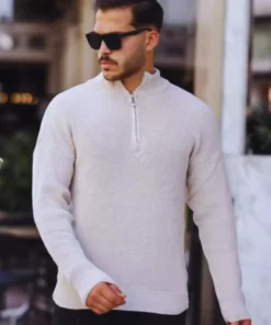 ژاکت پسرانه نیم زیپ با ظاهر مخملی – کرم برند KAZAK - 992999090