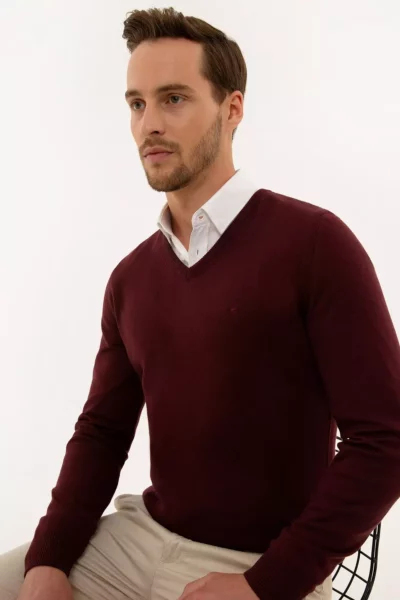 ژاکت بافتنی ساده مردانه مدل V یقه، رنگ bordo و فیت اسلیم برند Pierre Cardin - 57542129
