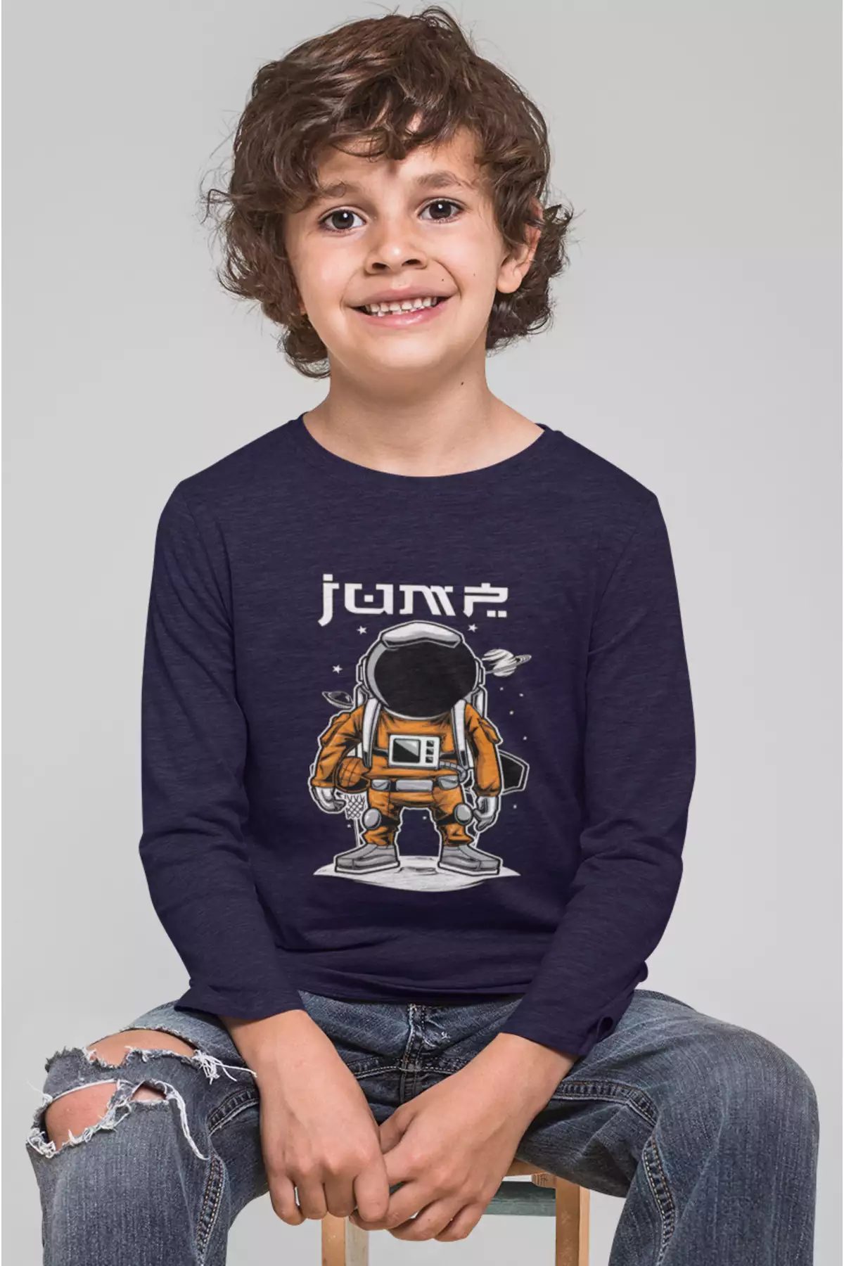 تیشرت آستین بلند با طرح فضایی فضانورد برای پسران، رنگ سرمهای، 100% پنبه برند Bubuga - 929051593