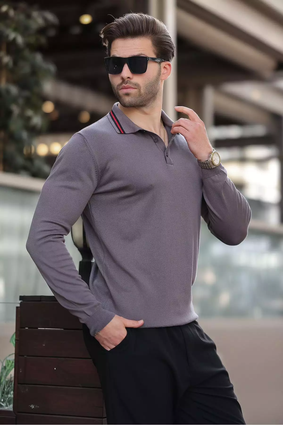 پولوشرت یقه دار دکمهای آستین بلند خاکستری 7269 برند Madmext - 864668502