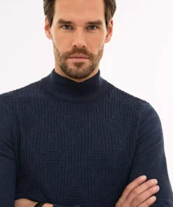 ژاکت بافت آبی تیره ملانژ یقه نیمه ایستاده مناسب آقایان برند Pierre Cardin - 57542338