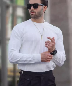 کاپشن یقه گرد راه راه با آستین بلند سفید 7244 برند Madmext - 850856057